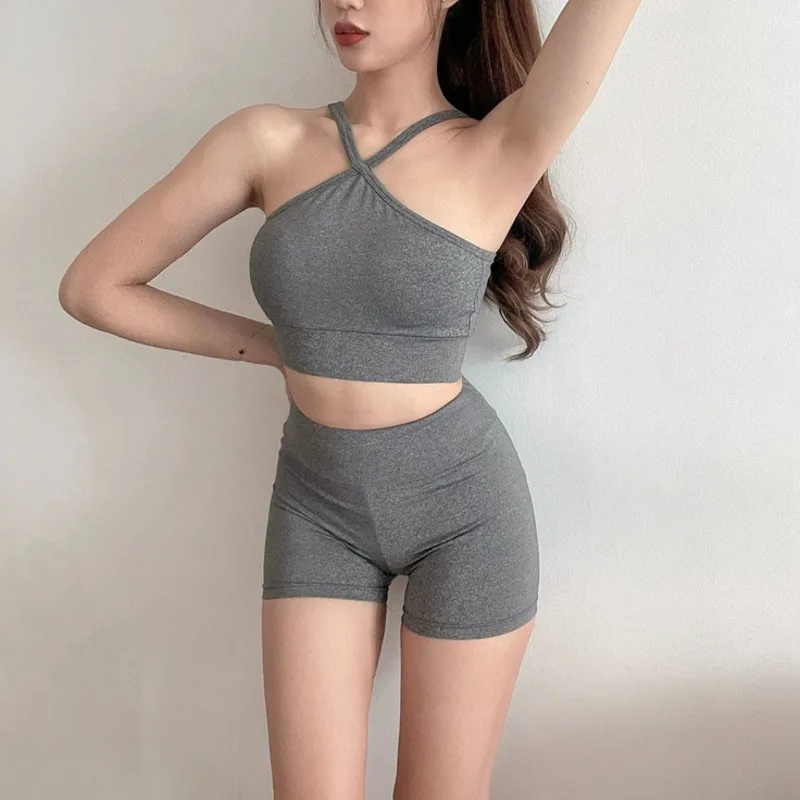 WOMENGAGA Sportswear Workout Shorts Set Women Casual Halter Top High Waist Slim 2021 NEW Korean Autumn Hot Sexy 7BFP |