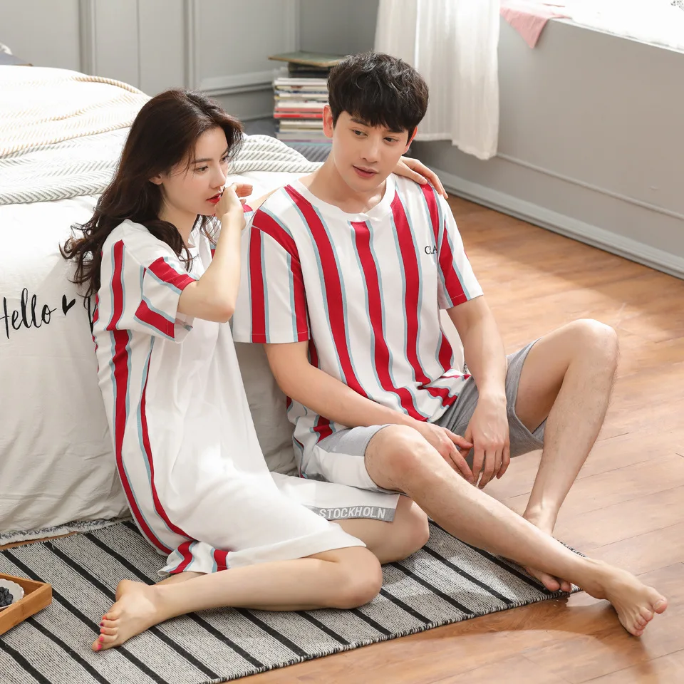 

New Style Couples Pajamas Pullover Summer Pure Cotton Comfortable Casual Short Sleeve Tracksuit Knitted Thin Two-Piece Set