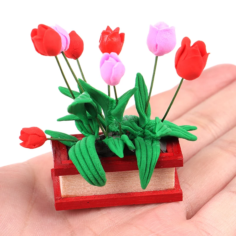 Hot sale Mini Model Tulip Flower Pots Wooden Toy House Decoration 1:12 Dolls Furniture DIY Dollhouse Garden Accessories | Игрушки и