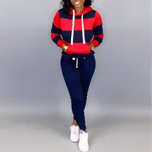 Осенний женский сексуальный спортивный костюм, длинный рукав, в полоску, пэчворк, с капюшоном, толстовка+, длинные штаны, костюм, наборы, уличная одежда