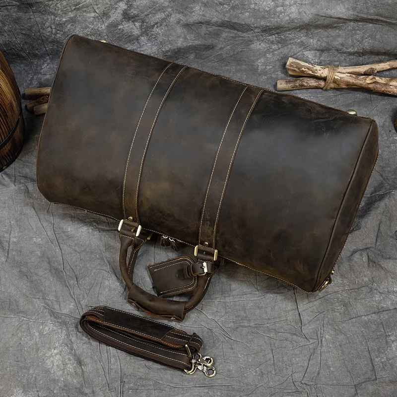 Grand Sac De Voyage Week-end En Cuir Véritable Vintage - Marron, 60cm - Marque JMB - Neuf Sans étiquette
