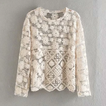 

Crochet women vintage blouses 2020 fashion ladies elegant see-through tops female floral knitted shirts girls chic tops femme