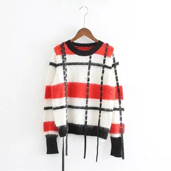 

Women Sweater 2019 Autumn and Winter New Plaid Color Matching Mohair Short Paragraph Loose Hood Long-sleeved Sweater