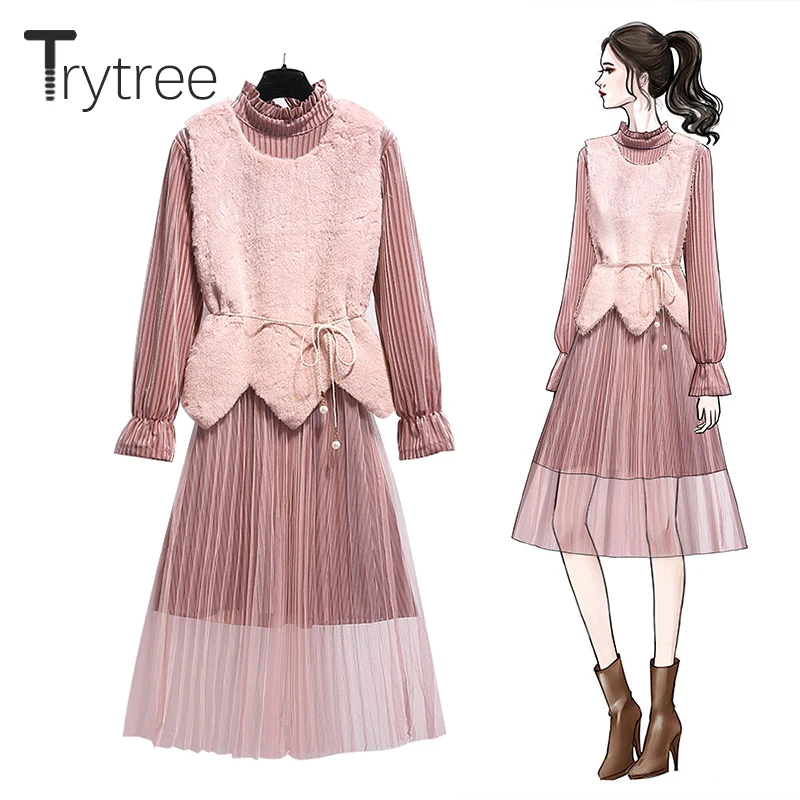 Осенне зимний комплект из двух предметов Trytree 2020 повседневная плиссированная