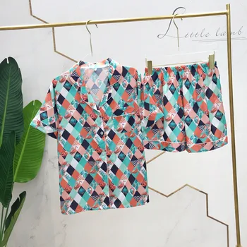 

Korean Style Ins Pajamas Women's Summer Viscose Fiber Cardigan Leisure Tops Thin Short Sleeved Shorts Suit Fashion Fresh Pajamas