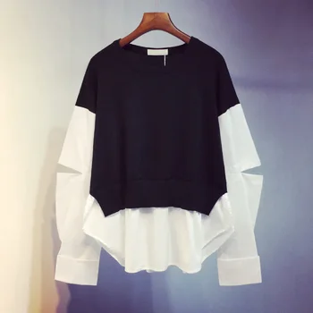 

[EWQ] 2020 Spring Autumn New Patchwork Wild Loose Full Sleeve Round Collar Women's Fake Two Pullover Knitted Sweater TX340