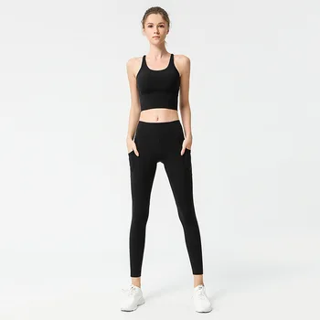 

Women's Sports Shock-proof Bra Oblique Pocket Fitness Running Training Yoga Pants Active Wear 2 Piece Set Women Sport Suit Women
