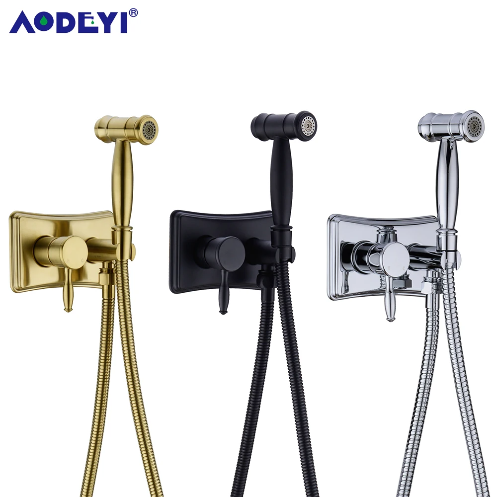 Brushed Gold Brass Handheld Bidet Sprayer Hot and Cold Water Concealed Tap Mixer Black Bidet Toilet seat Faucet Hygienic Shower