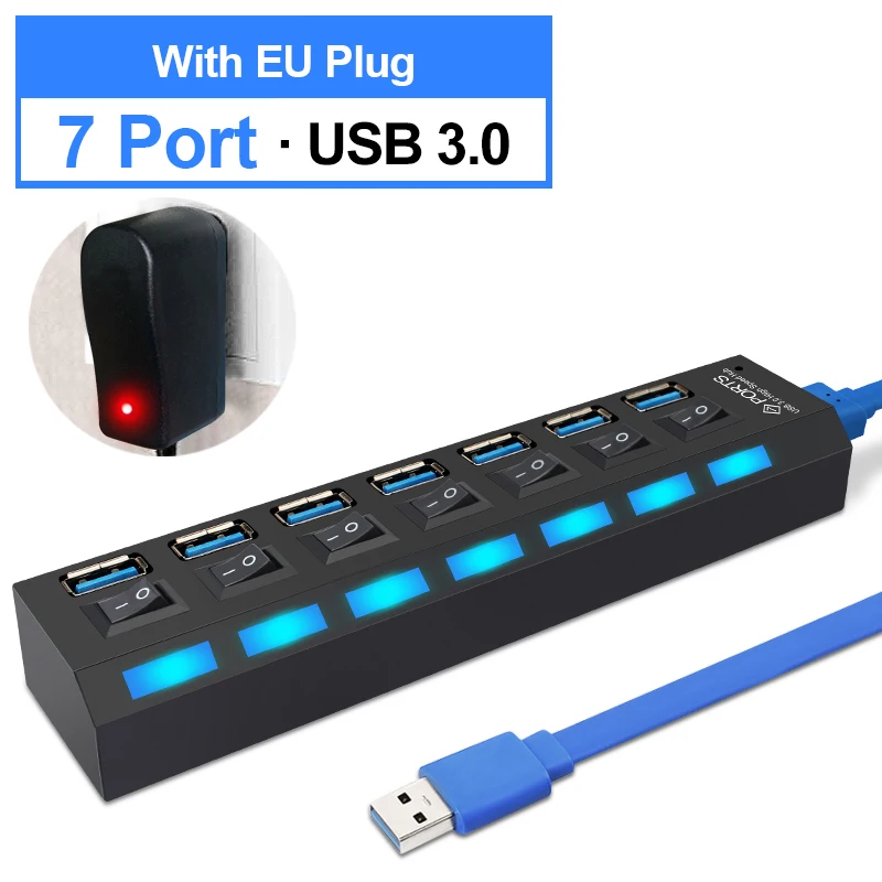 USB3.0 7Port with EU USB 3,0 концентратор 2,0 концентратор Мульти USB разветвитель 4/7 порт расширитель несколько USB 3 Hab с адаптером питания USB3.0 концентратор с переключателем для ПК - Цвет: USB3.0 7Port with EU
