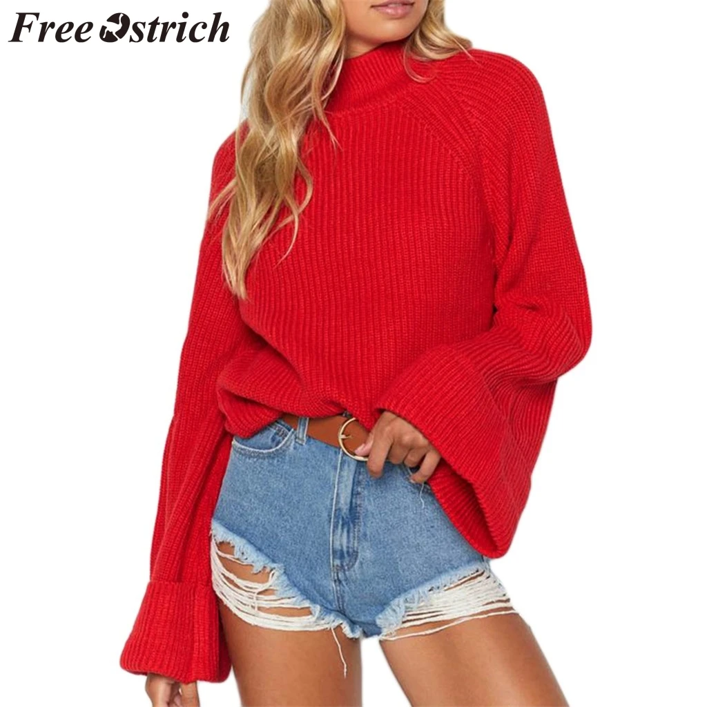 

FREE OSTRICH Sweater Women Wide Flare Long Sleeve Round Neck Simple Solid Color Autumn And Winter Sweaters Women Invierno 2019