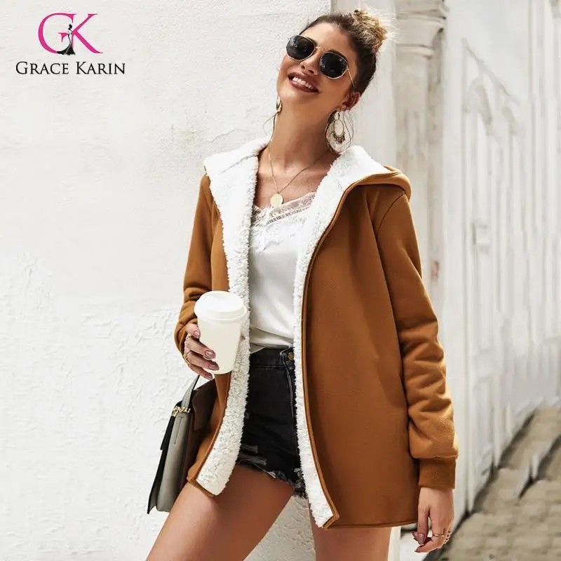 Grace Karin флисовые куртки с капюшоном и пальто для женщин осень зима теплая новая верхняя одежда сплошной цвет плюшевая подкладка пальто для женщин