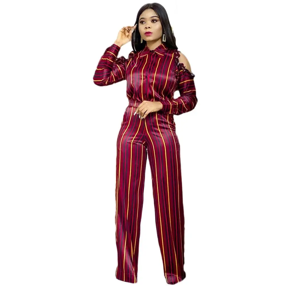 

Echoine Women Two Piece Set Satin Stripe Print sexy elegant tracksuit female autumn long sleeve sports suit office lady red 3xl
