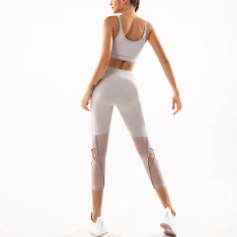 2 Pcs Set Seamless Yoga Set Fitness Clothing Mesh Splicing High Waist Women Gym Leggings Tights Sports Bra Sports Suits