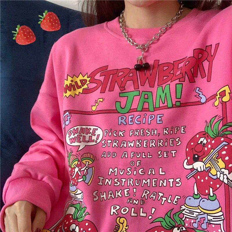 Sudadera con capucha de dibujo de fresa para mujer, ropa informal suelta, jersey de gran tamaño, estilo Harajuku Retro americano, 2021