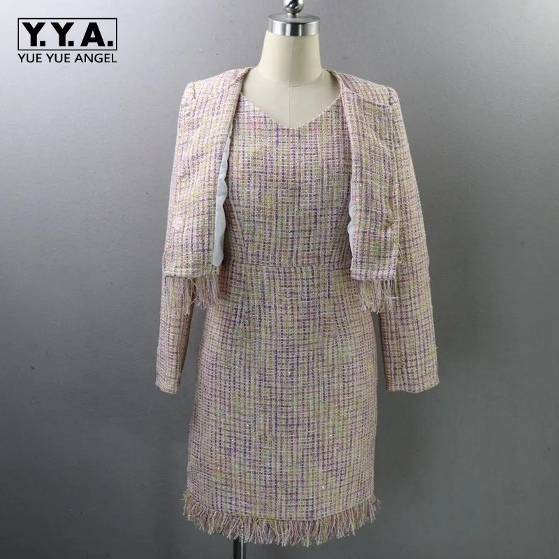

Chic Female Set Dress And Full Jacket Tassel Tweed 2 Piece Set Women Office Two Piece Outfits Fashion Fringed Trim Jacket Coat