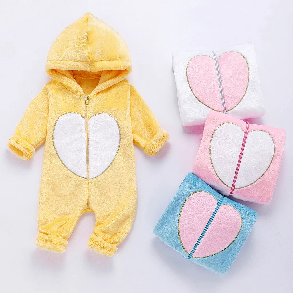 Newborn Infant Baby Cute Romper Girls Boys clothing Winter Warm Fleece Zipper Heart Hooded Romper Jumpsuit Outfits Baby Onesie