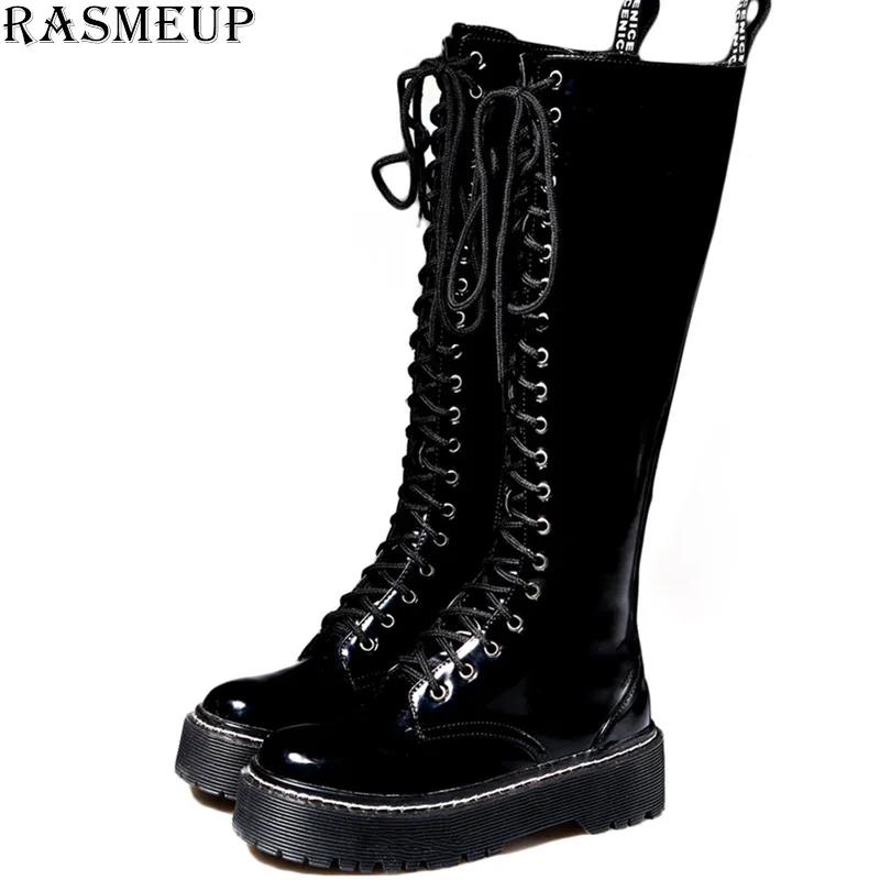 RASMEUP/женские кожаные сапоги до колена на платформе г. Модные стильные зимние теплые женские высокие сапоги повседневные женские ботинки с массивным каблуком