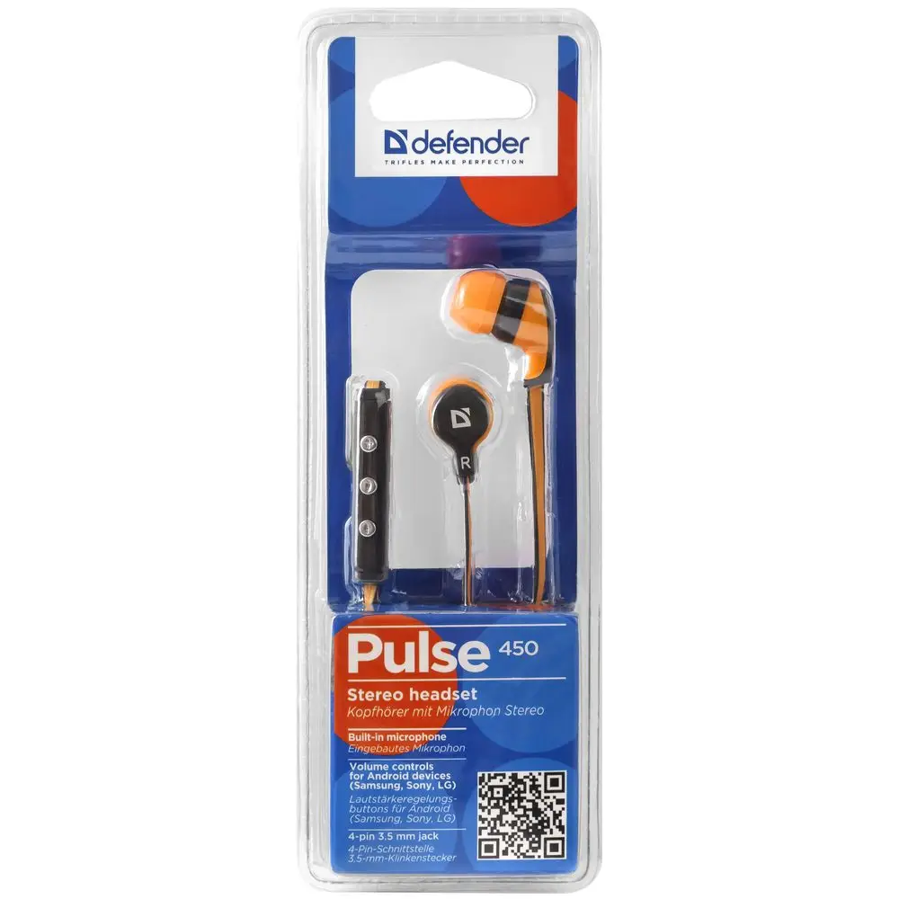 Гарнитура Defender Pulse 450 оранжевый, для Android,вставки