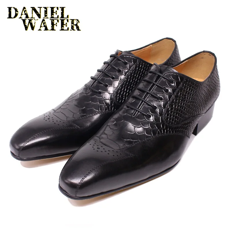 LUXURY MEN LEATHER SHOES SNAKE SKIN PRINTS BUSINESS WEDDING CLASSIC STYLE BLACK COFFEE POINTED TOE LACE UP OXFORD SHOES FOR MEN