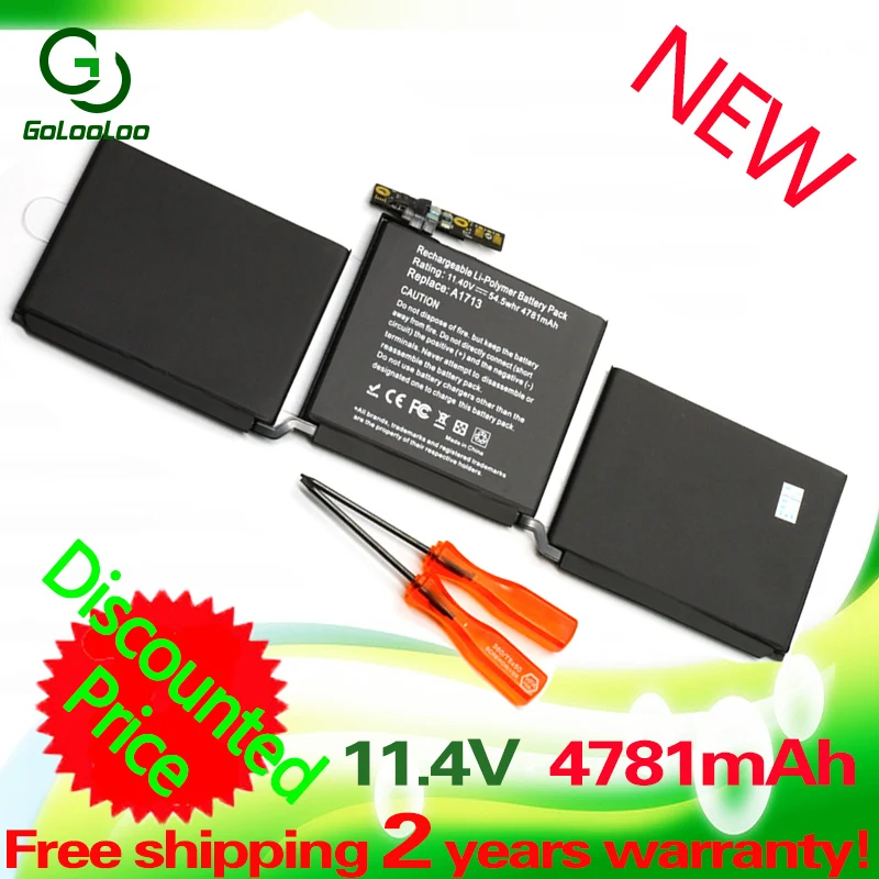 Golooloo A1713 11.4V 54.5Wh  laptop battery for Apple MacBook Pro 13'' A1708  (2016 years)