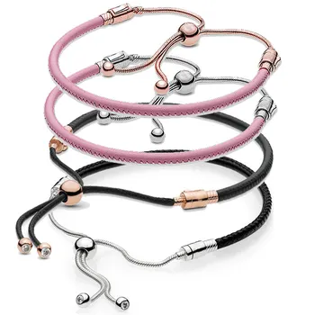 

925 Sterling Silver Bracelet Moments Pink & Black Leather Adjustable Sliding Clasp Bracelet Bangle Fit DIY Charm Europe Jewelry