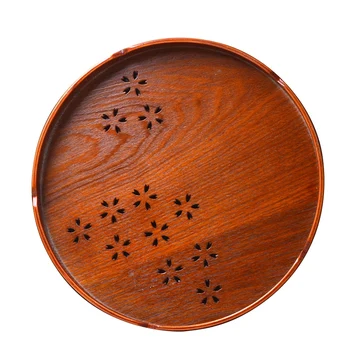 

Wooden Round Tea Tray Household Tea Tray Wooden Japanese Water Cup Teacup Wooden Plate Creative Handle Carved Round Tea Tray