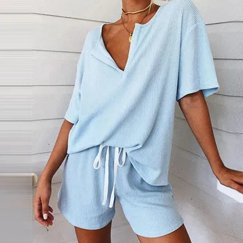 

New Fashion Women Women Pajamas Set female Casual Solid Short Sleeve Tracksuit Nightwear Shorts Sleepwear Set summer#W30