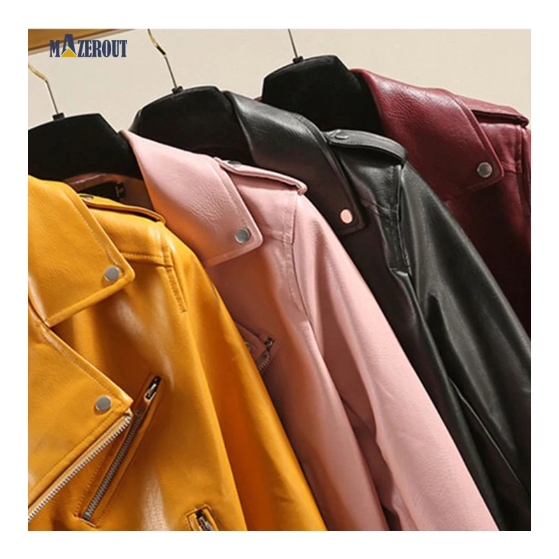 

MAZEROUT Autumn Spring Jackets Women Casual Solid Color Lapel Zipper Long Sleeve Leather Jacket Coat chaquetas mujer Streetwear