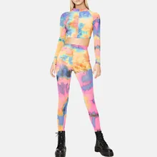 Женский костюм для йоги с высокой талией, тонкий женский спортивный костюм, женский костюм с длинным рукавом и v-образным вырезом, цветной градиентный комплект с принтом в виде галстука-краски# g4