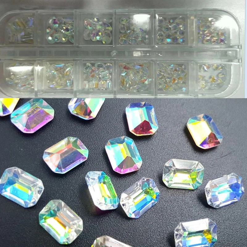 

12 Shapes Pastel AB Iridescent Emerald Cut Glass Crystal Gem Charms Resin Supplies Nail Art Decoden Cabochons - set of 1 Box