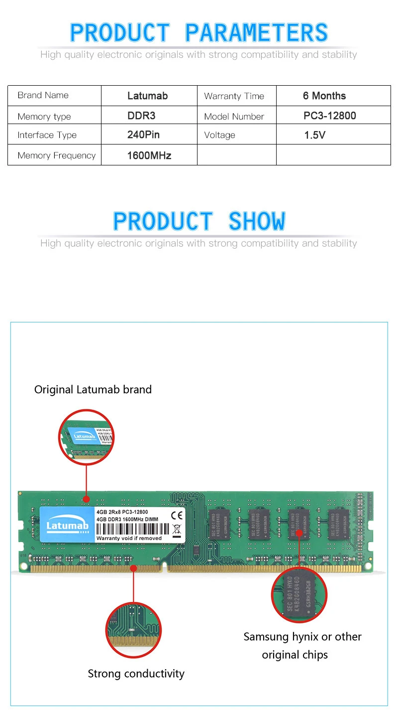 Latumab RAM DDR3 4GB 8GB 16GB 1600MHz Desktop Memory PC3-12800 DIMM Memory 240Pin 1.5V Memoria DDR3 RAM PC Memory Module (17)