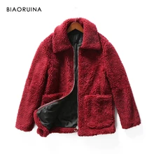 BIAORUINA, женская бордовая куртка из искусственного меха, прямая, женская, сохраняющая тепло, плюшевое пальто, модное Свободное пальто с отложным воротником для девочек