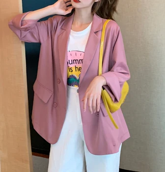 

Chic Loose pink black Women Blazer Summer One Button Female Suit Jacket Full Sleeve Outwear blaser femme 2020