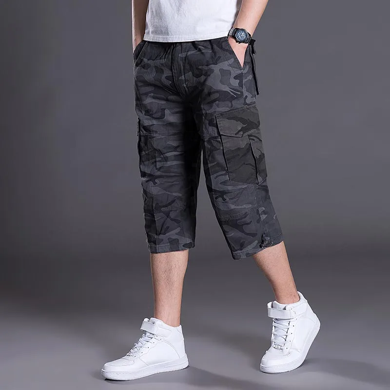 800 Gray Camouflage Летние шорты для мужчин размера плюс, повседневные хлопковые пляжные шорты с несколькими карманами, Свободные мешковатые шорты для бега - Цвет: 800 Gray Camouflage