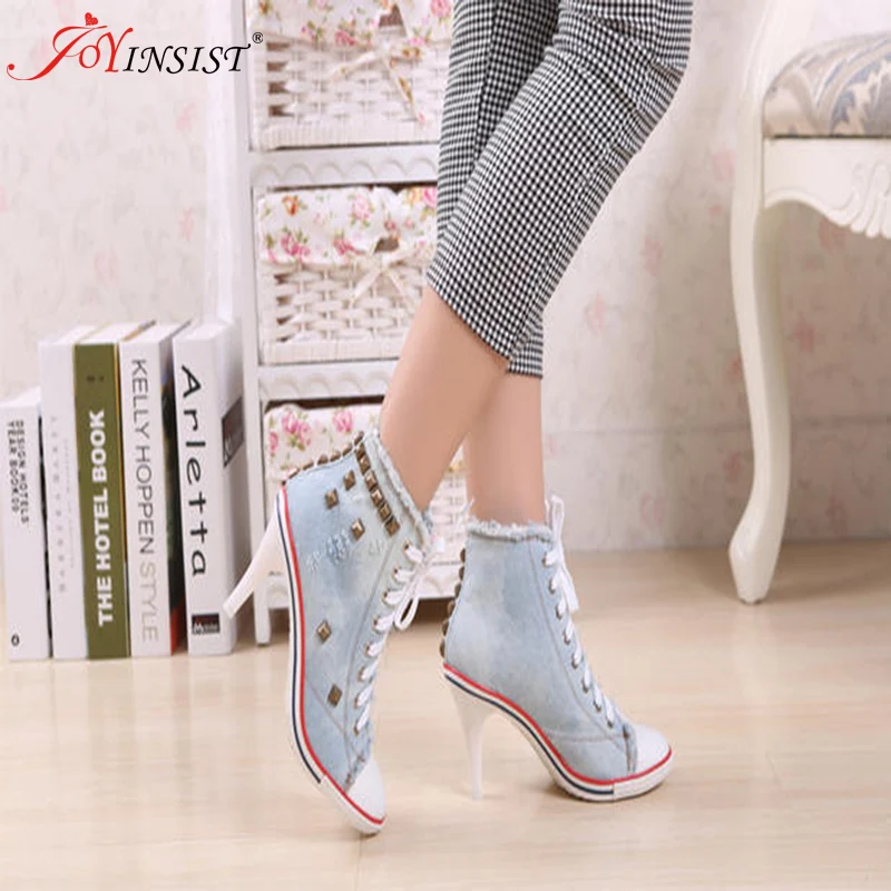 Skup Tenisówki damskie Denim wysokie obcasy buty z nitami moda sznurowadła trampki damskie krótkie buty