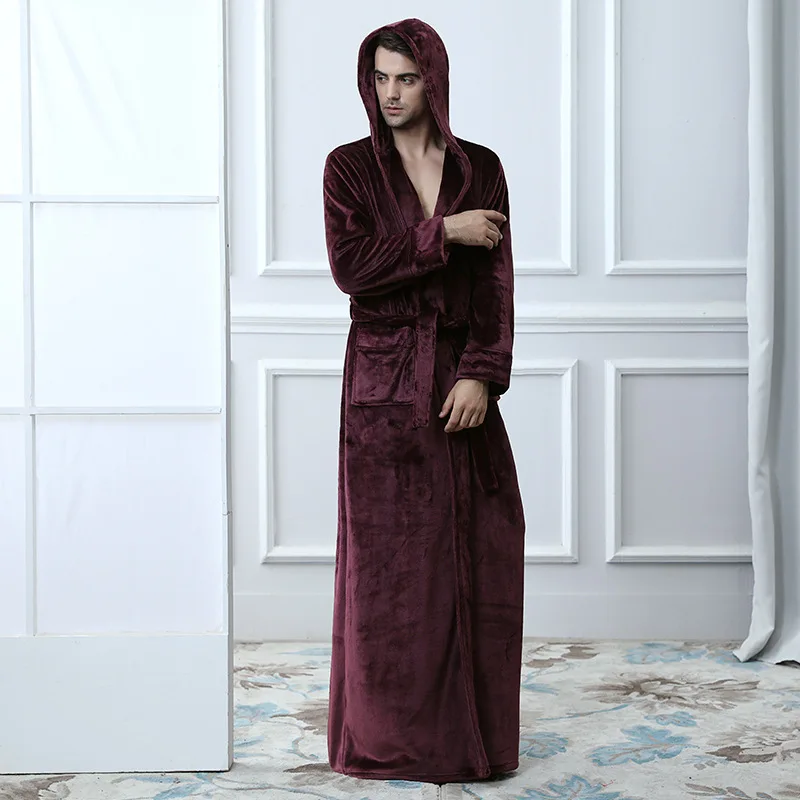 men red wine Пара тепловой с капюшоном удлиненный зимний банный халат для женщин и мужчин мягкий фланелевый банный халат-кимоно домашний теплый халат платье Прямая поставка - Цвет: men red wine