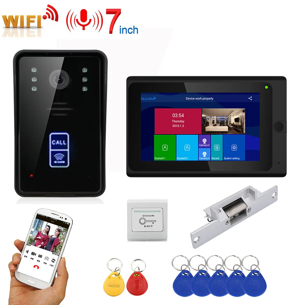 7inch Record Wireless Wifi RFID Video Door Phone Doorbell Intercom Entry System with NO Electric Strike Door Lock