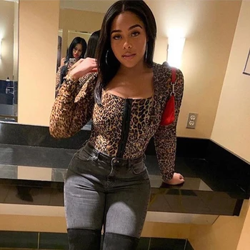 

Iamhotty Long Sleeve Zipper Women Tshirt Square Collar Leopard Skinny Tee Shirt Hook Eye-Buckle Bandage Tops