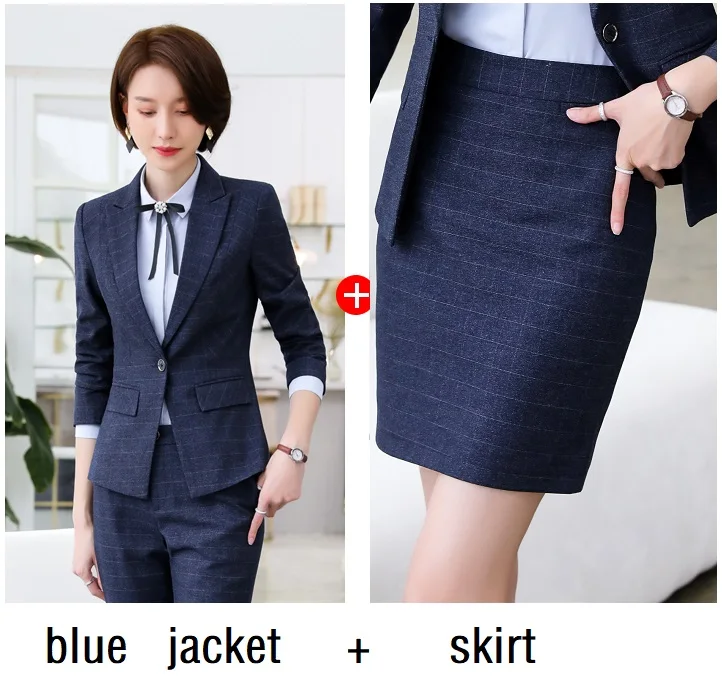 blue jacket skirt Женские костюмы тонкий весенний клетчатый пиджак брюки OL формальные женские брючные костюмы женский комплект костюмы 365 - Цвет: blue jacket skirt