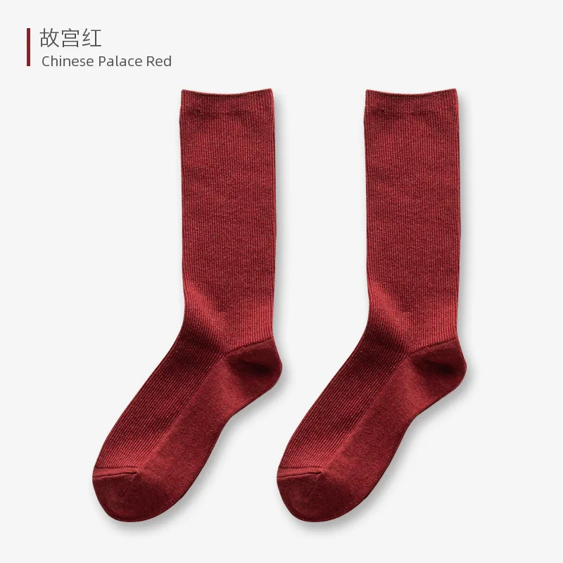 Chinese Red Исключительный Для женщин шерсти; модные однотонные полусапожки Длина носки, японский стиль свободные носки длинноволокнистый хлопок мериносовой шерсти теплый флис печать Спорт - Цвет: Chinese Red