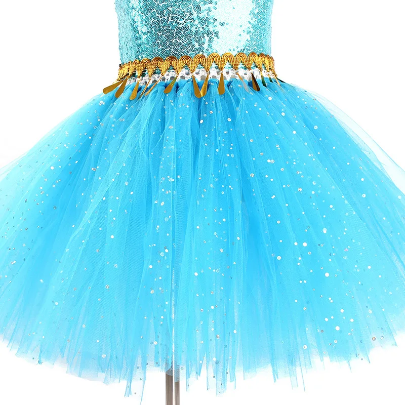 Aladdin Jasmine Girls Tutu Dress Headband Outfit Kids Birthday Party Pageant Sparkly Tulle Fancy Dress Sequins Children Clothes (13)