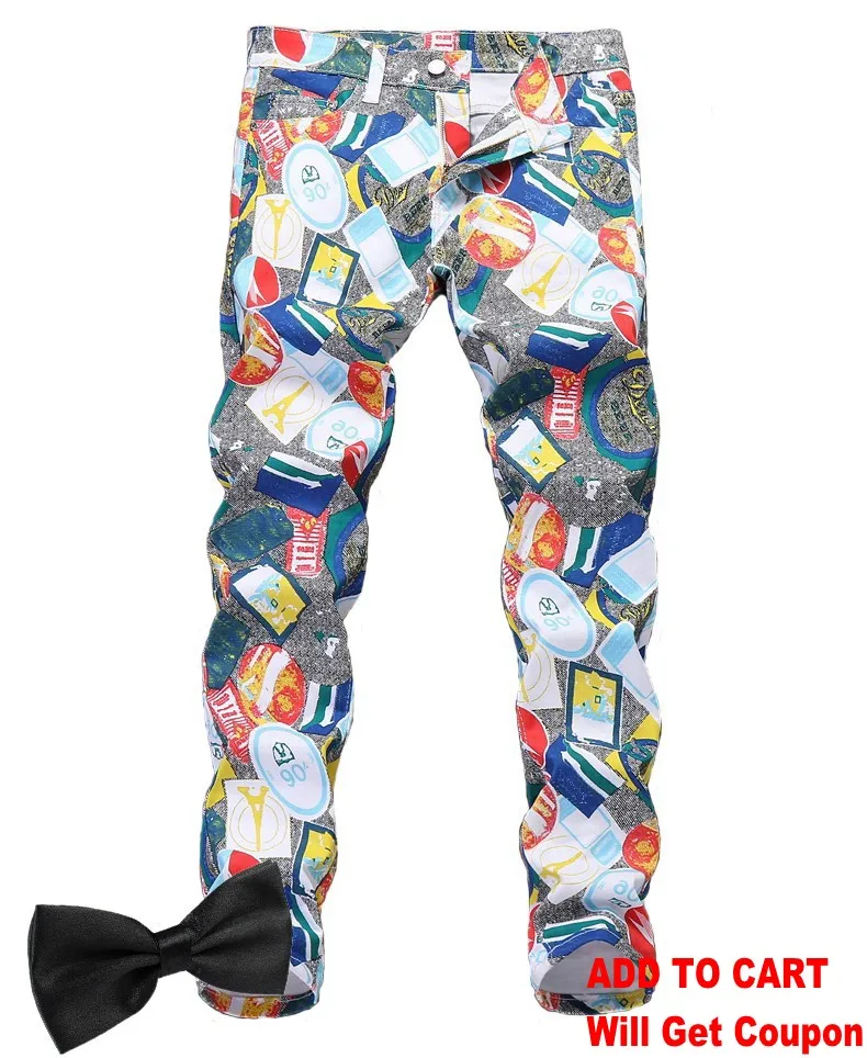 Весенние качественные мужские джинсы с принтом, черные, белые, мужские брюки-чиносы с геометрическим рисунком, мужские повседневные уличные Клубные джинсы с цветочным принтом