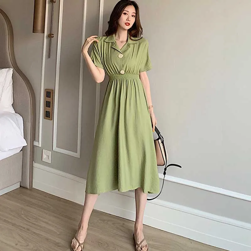 Vintage Summer Office Dresses For Female One-Piece Elegant Lapel Waist Dress Women Fashion Korean Plus Size Dress Vestidos 2020