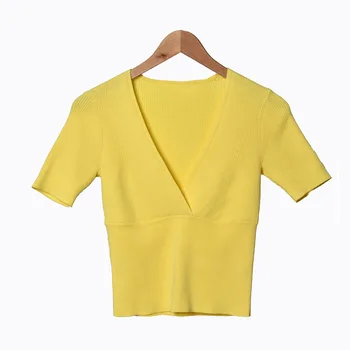 

Women Sweater 2020 Spring and Summer New Style Simple Solid Color Deep V-neck Short-sleeved Knitted Shirt Women