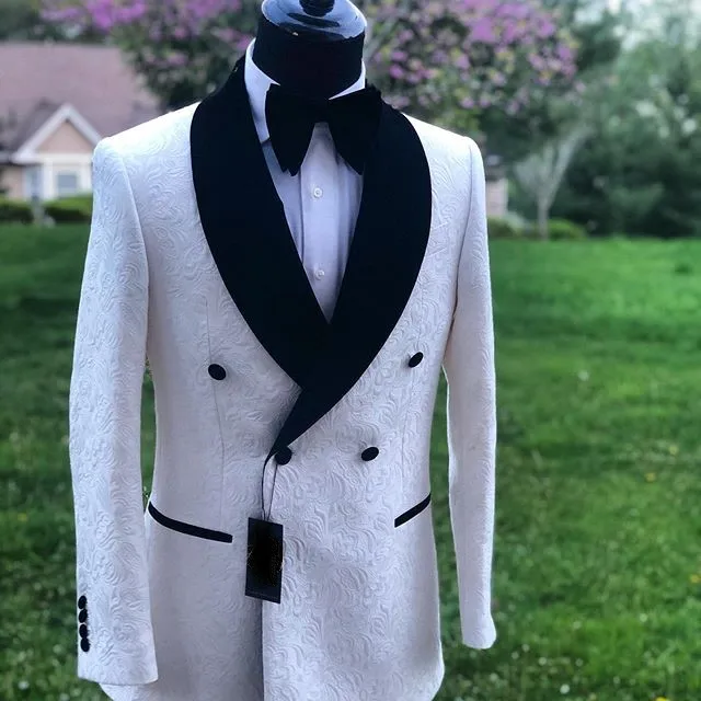 

New Arrvial Hand made white PAISLEY with black satin shawl lapel 2 pieces(jacket+pants )six buttons dinner suit for men wedding