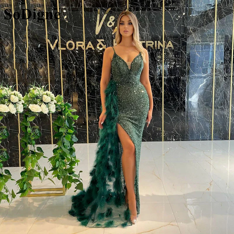 SoDigne Green Sequined Glitter Evening Dresses With Feathers Detachable Tail Arabic Strap Slit Formal Party Dress Formal Gowns