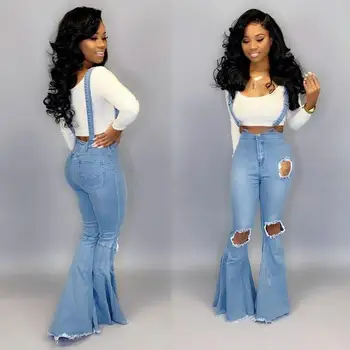 

Casual Flare Ripped Denim Jumpsuit Hole Women Fashion Blue Wide Leg Pant Romper Pleated Spaghetti Strap Overalls Vestidos