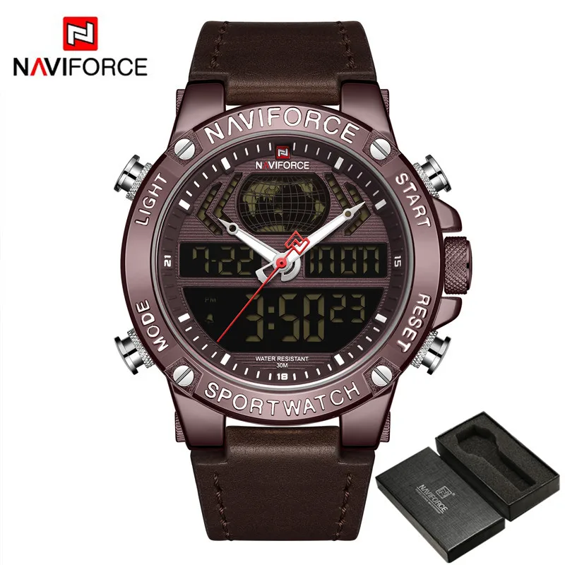 NAVIFORCE мужские часы цифровые спортивные Топ брендовые роскошные мужские наручные часы военные из натуральной кожи Бизнес светодиодный кварцевые мужские часы 9164