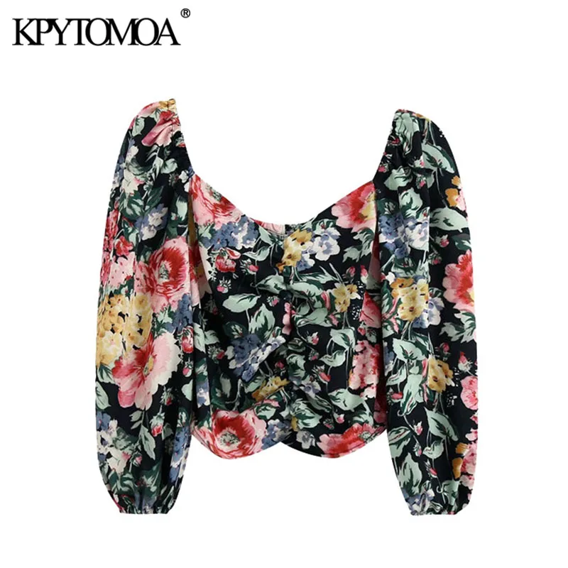 KPYTOMOA Women 2020 Fashion Floral Print Pleated Cropped Blouses Vintage V Neck Puff Sleeve Female Shirts Blusas Chic Tops KPYTOMOA Women 2020 Fashion Floral Print Pleated Cropped Blouses Vintage V Neck Puff Sleeve Female Shirts Blusas Chic Tops
