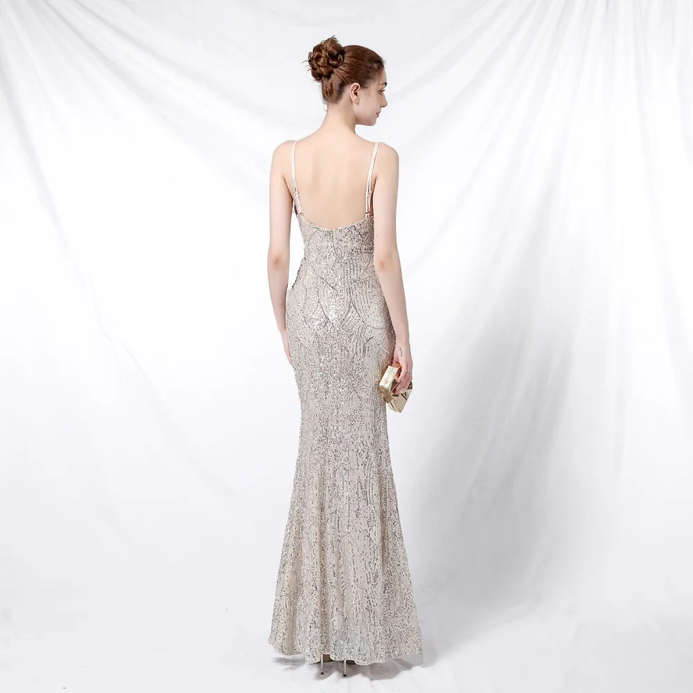 Gold Sequins Spaghetti Strap Deep V Neck Backless Open Slit Luxury Party Dresses For Women 2020 Fashion Elegant Night Club Dress (8)